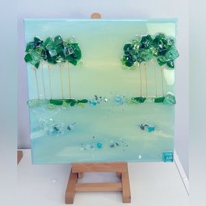 Mixed media painting, acrylic, glass, and resin on canvas.